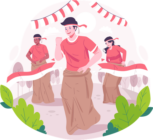 People celebrate Indonesia Independence Day by participating in Sack Race Competition  Illustration