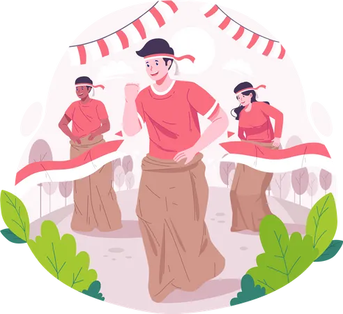 People Celebrate Indonesia Independence Day By Participating In Sack Race Competition Or Lomba Balap Karung On The 17th Of August Indonesian Independence Day Concept Illustration Illustration
