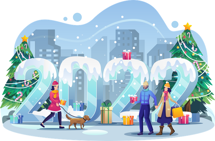People Celebrate New year by a walk in winter with their couple and pets Illustration