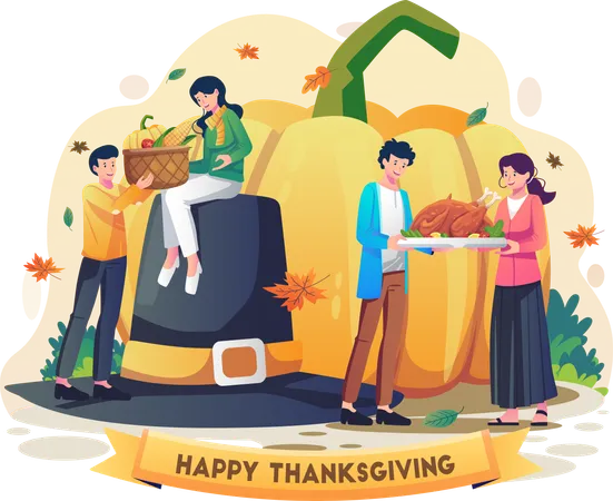 People Celebrate Thanksgiving Day Illustration