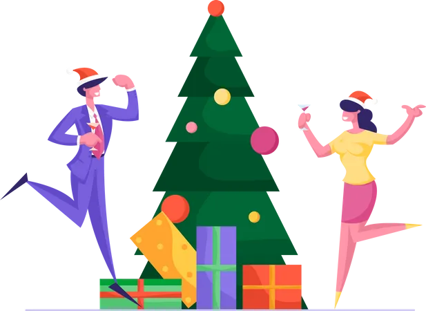 Happy Workers Having Fun People Celebrate Xmas Party In Office Dancing At Decorated Christmas Tree With Gifts Joyful Managers In Workplace Cheerful Colleagues Cartoon Flat Vector Illustration Illustration
