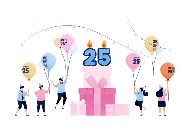 People celebrating 25th birthday party with big gift boxes and birthday candles  Illustration