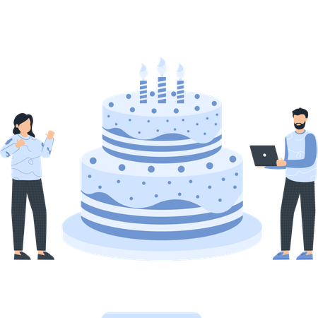 노트북으로 작업하며 생일을 축하하는 사람들  일러스트레이션