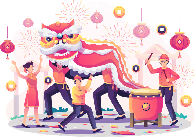 People celebrating Chinese new year Illustration