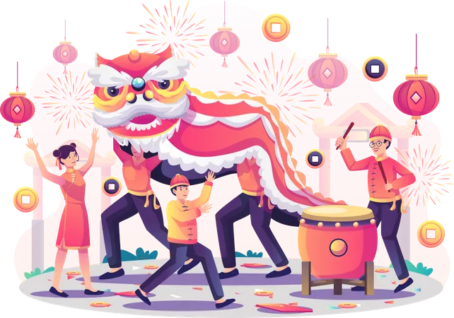 Celebrate The Chinese New Year With Asian Children Playing With A Chinese Dancing Lion And A Drummer Beating The Drum Fireworks And Hanging Lanterns Flat Vector Illustration Illustration