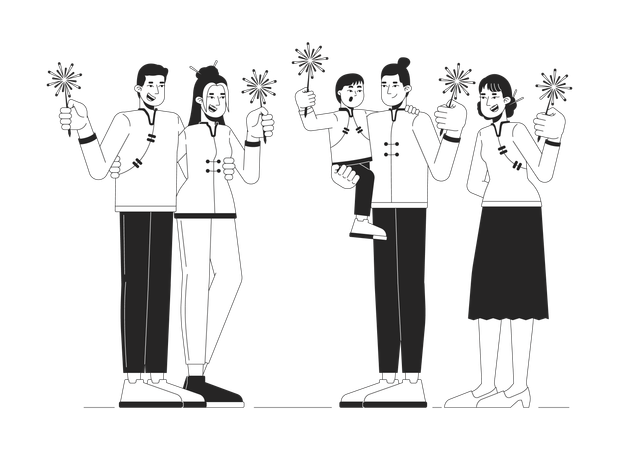 People celebrating Chinese New Year sparklers lighting  Illustration