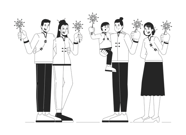 People celebrating Chinese New Year sparklers lighting  Illustration