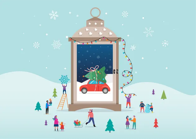 Merry Christmas Background Winter Wonderland Scenes In S Snow Globe Candle Lantern Concept Vector Illustration Illustration