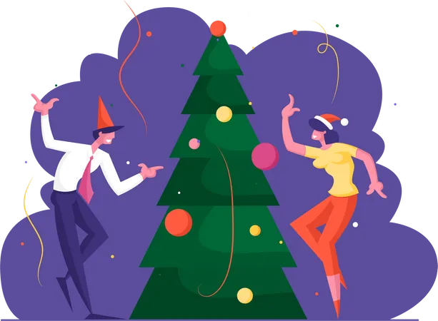 Cheerful Colleagues In Santa Hats Celebrate Xmas Party In Office Dancing At Decorated Christmas Tree Happy People Workers Having Fun Joyful Managers At Workplace Cartoon Flat Vector Illustration Illustration