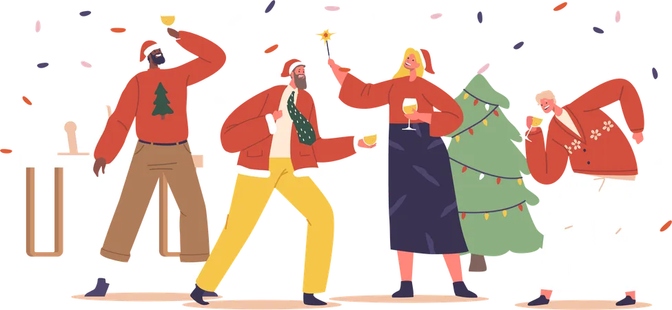 Festive Office Vibes With Twinkling Lights Colleagues Mingling And Laughter Characters In Holiday Suits And Dresses Joyfully Celebrate Corporate Christmas Party Cartoon People Vector Illustration Illustration