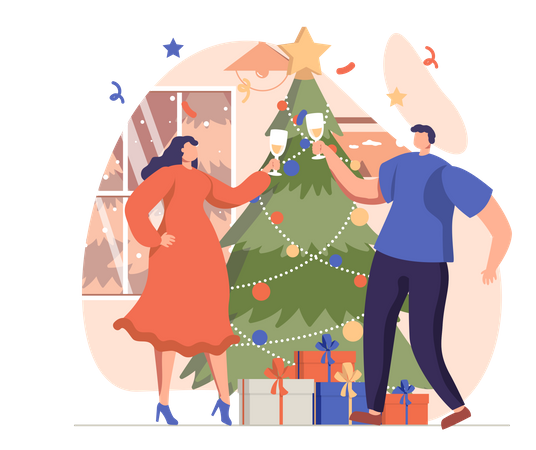 People Celebrating Christmas With Champagne Illustration