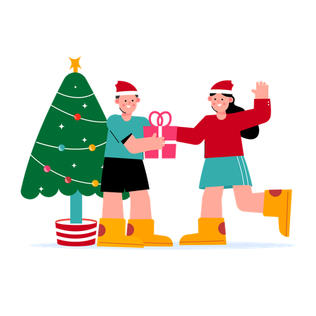 People celebrating christmas with Christmas tree and gifts  Illustration