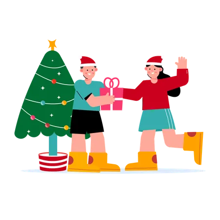 People celebrating christmas with Christmas tree and gifts  Illustration