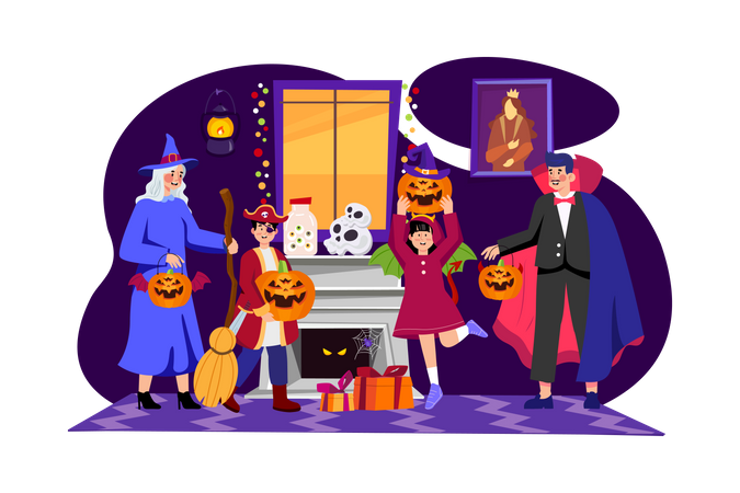 People Celebrating Halloween Illustration