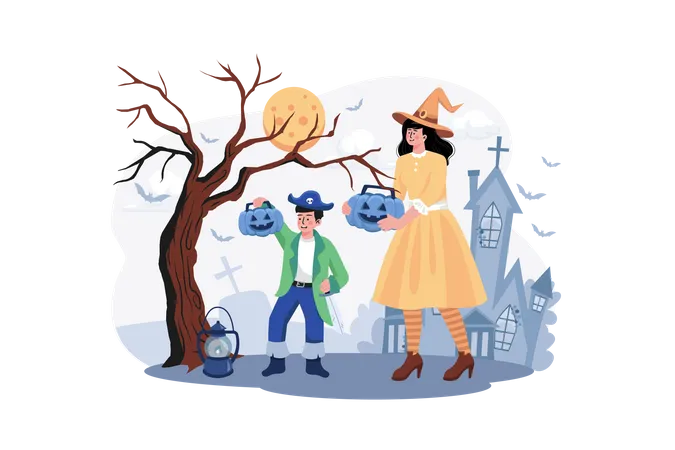People celebrating Halloween Illustration