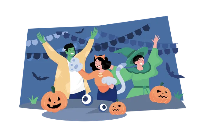 People Celebrating Halloween  Illustration