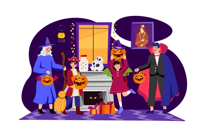 People Celebrating Halloween  Illustration