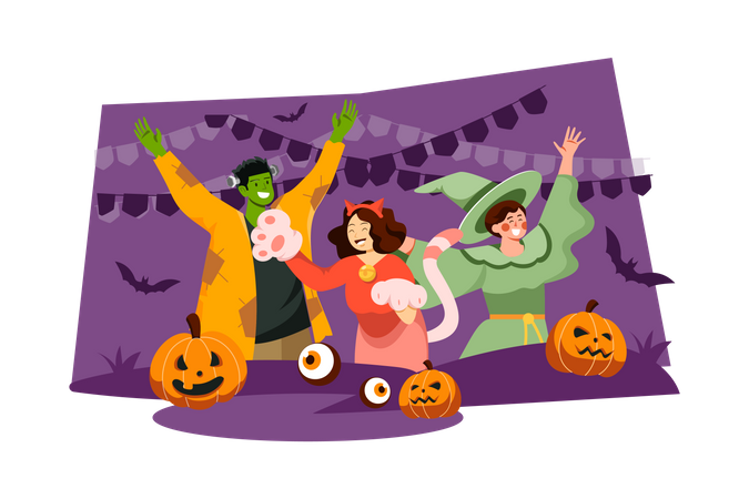 People Celebrating Halloween  Illustration