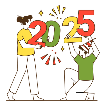 2025年の幸せな新年を祝う人々  イラスト