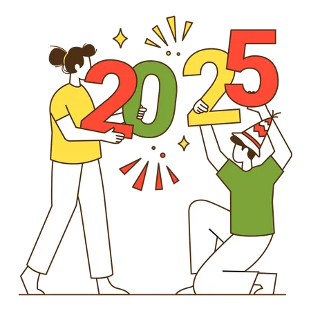 2025年の幸せな新年を祝う人々  イラスト