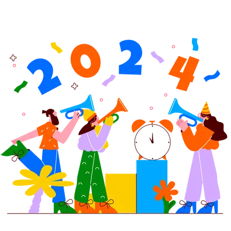 People celebrating near countdown clock  Illustration