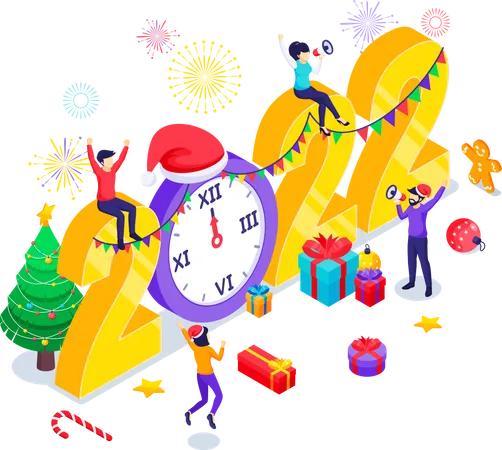 People Celebrating New Year Near Decorated Big 2022 Number With Gift Boxes And Fireworks Merry Christmas And Happy New Year Design Concept Isometric Vector Illustration Illustration