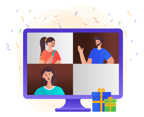 People Celebrating New Year Online  Illustration