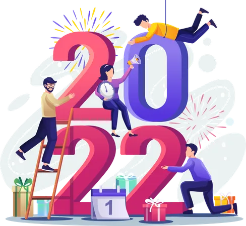 People Celebrate New Year By Together Putting The Numbers 2022 On Top Of Each Other Vector Illustration Illustration