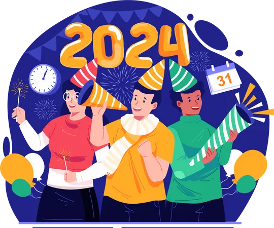 Happy New Year Concept Illustration With People Celebrating New Years Eve With Fireworks Confetti And A Trumpet Illustration