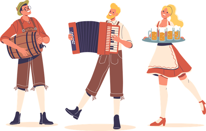 People Celebrating Oktoberfest With Music And Beer  Illustration