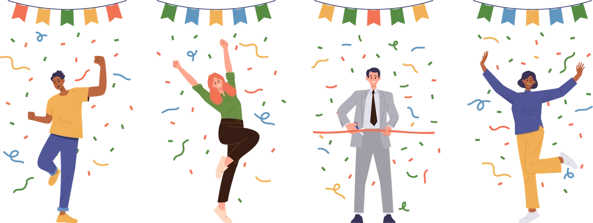 Set Of Happy Diverse People Cartoon Male And Female Character Celebrating Party Event Birthday Anniversary Or Grand Opening Ceremony Vector Illustration Of Cheerful Man And Woman Under Confetti Rain Illustration