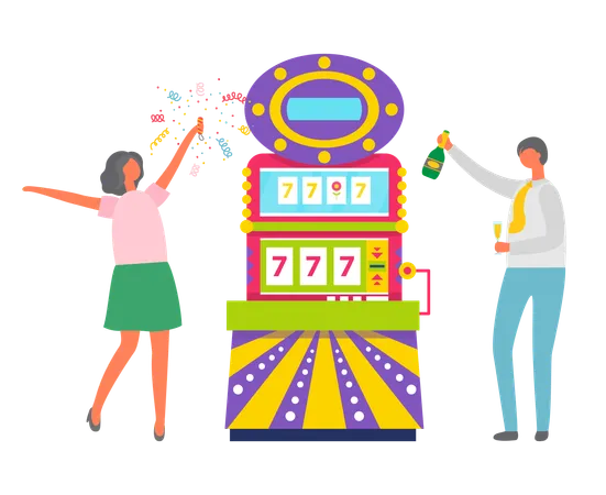 Happy Couple Celebrating Jackpot In Casino Vector Man And Woman Drinking Champagne Lady With Confetti Dancing By Slot Machine Showing Numbers 777 Family Win Money In Slot Mashine Flat Cartoon Illustration