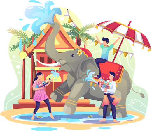 People celebrating Songkran festival by playing water with elephant  Illustration