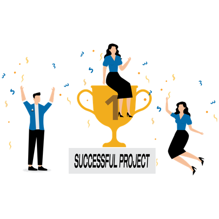 People celebrating successful project milestone with trophy  Illustration