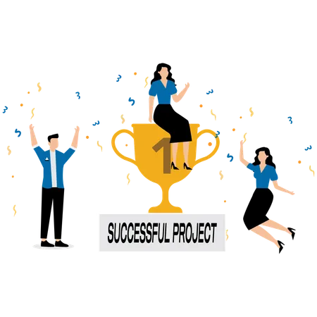 People celebrating successful project milestone with trophy  Illustration