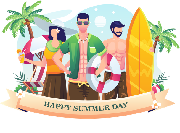 People celebrating Summer Day at the beach  Illustration