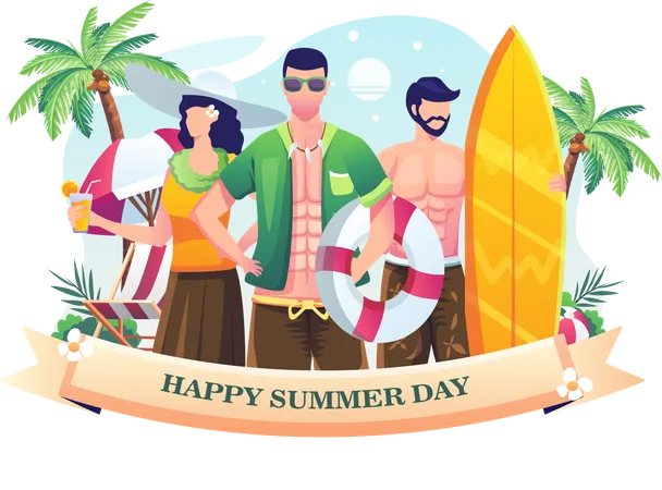 People Celebrating Summer Day At The Beach Happy Summer Day Flat Vector Illustration Illustration
