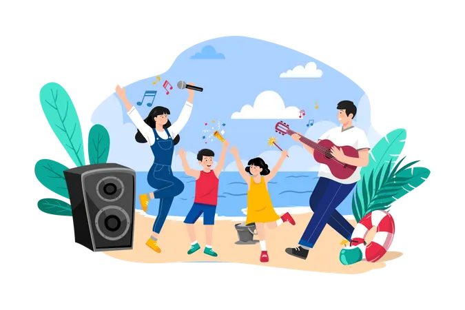 People celebrating summer day at the beach  Illustration