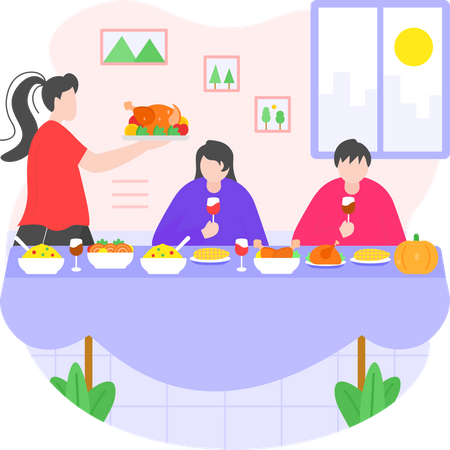 Family Meal on Thanksgiving Illustration