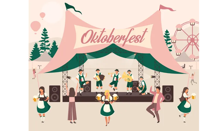 Oktoberfest Flat Vector Illustration Beer Festival October Fest Concert Folk Performance In Tent Music And Dances People In National Costumes Carry Beer Volksfest Cartoon Characters Illustration