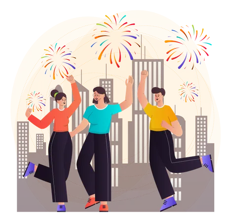 People Celebrating With Fireworks Illustration