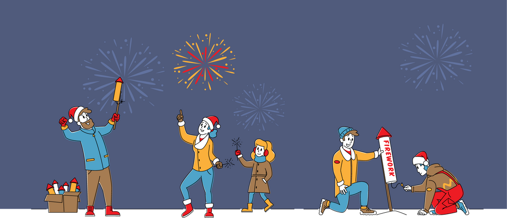 People Celebrating With Fireworks Illustration