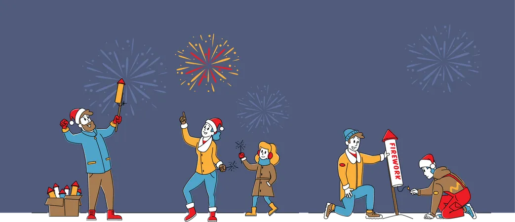 Characters Enjoying Fireworks Show Happy Family Mother Father And Child Hold Burning Sparklers Men Launch Festive Firework Petard Christmas Or New Year Holidays Linear People Vector Illustration Illustration