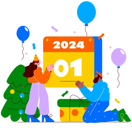 People changing old calendar to new year calendar 2024  Illustration