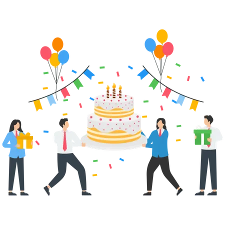 People Characters carrying Birthday Cake and Celebrating  Illustration