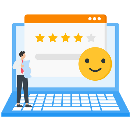 People characters giving helpdesk service five star feedback and writing positive comments Illustration