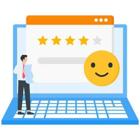 People characters giving helpdesk service five star feedback and writing positive comments Illustration