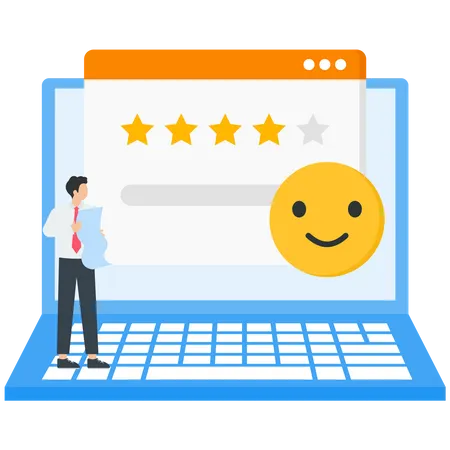 People characters giving helpdesk service five star feedback and writing positive comments  Illustration