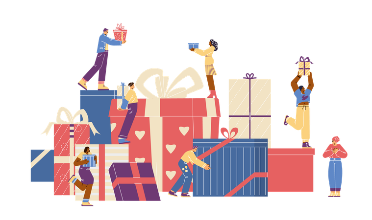 People characters near pile of gifts boxes  Illustration
