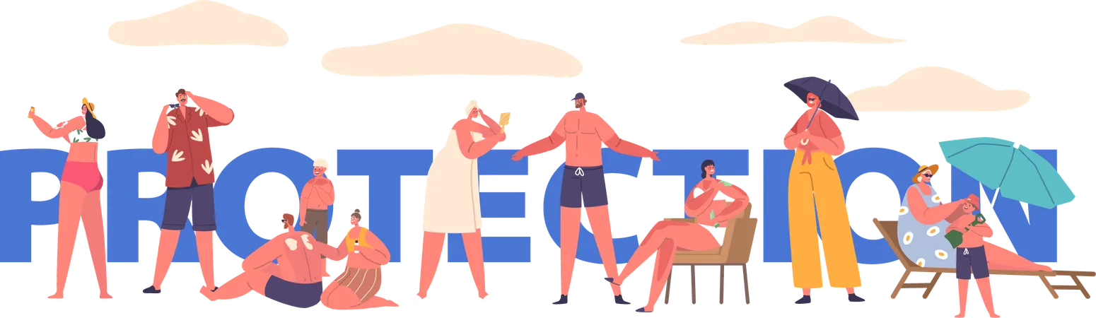 People Characters Wisely Shield Themselves From The Sun Harsh Rays Donning Hats And Applying Sunscreen Creating A Barrier Against Uv Radiation For Protected Skin Vector Banner Poster Or Flyer イラスト